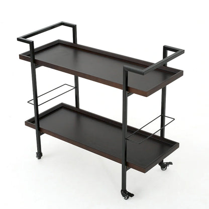 Rolling Bar Cart with Wood Look Shelving, Handle & Lockable Casters - Industrial Style Mobile Serving Cart with Wine Storage