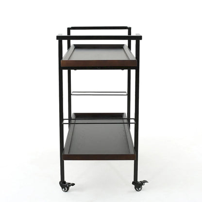 Rolling Bar Cart with Wood Look Shelving, Handle & Lockable Casters - Industrial Style Mobile Serving Cart with Wine Storage