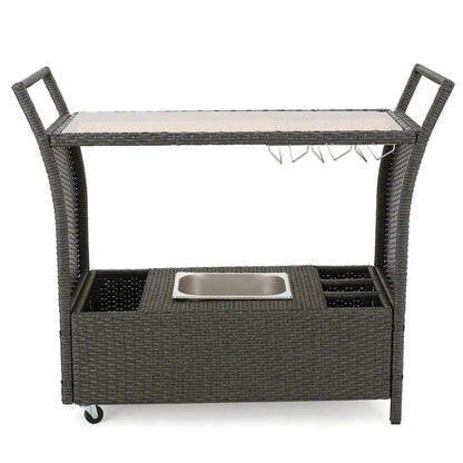Outdoor Rattan Bar Cart with Removable Ice Bucket, Tempered Glass Top & Wheels, Mobile Beverage Serving Cart with Aluminum Frame