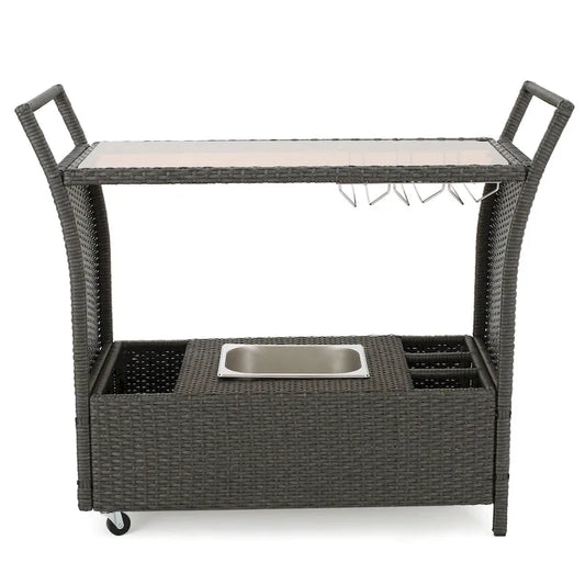 Outdoor Rattan Bar Cart with Removable Ice Bucket, Tempered Glass Top & Wheels, Mobile Beverage Serving Cart with Aluminum Frame