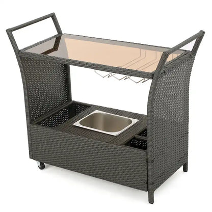 Outdoor Rattan Bar Cart with Removable Ice Bucket, Tempered Glass Top & Wheels, Mobile Beverage Serving Cart with Aluminum Frame