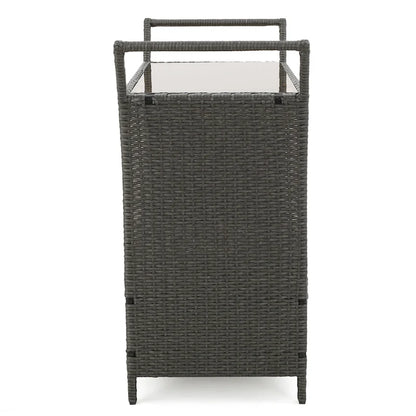 Outdoor Rattan Bar Cart with Removable Ice Bucket, Tempered Glass Top & Wheels, Mobile Beverage Serving Cart with Aluminum Frame