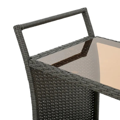 Outdoor Rattan Bar Cart with Removable Ice Bucket, Tempered Glass Top & Wheels, Mobile Beverage Serving Cart with Aluminum Frame