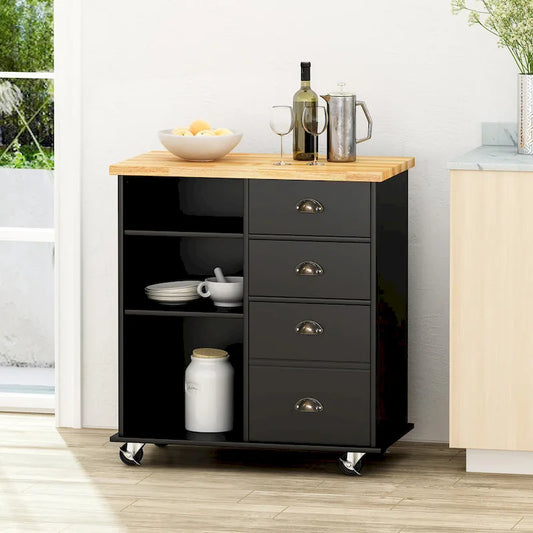 Modern Kitchen Cart with Rubberwood Top, Cabinet Storage, Two Drawers, Three Open Shelves and Lockable Rolling Casters