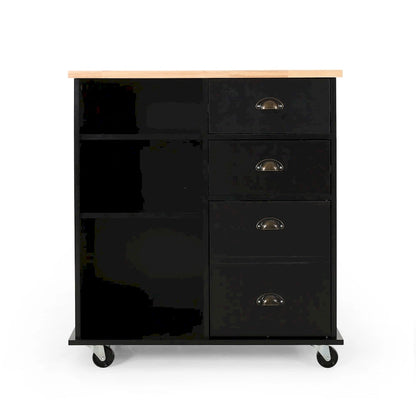 Modern Kitchen Cart with Rubberwood Top, Cabinet Storage, Two Drawers, Three Open Shelves and Lockable Rolling Casters