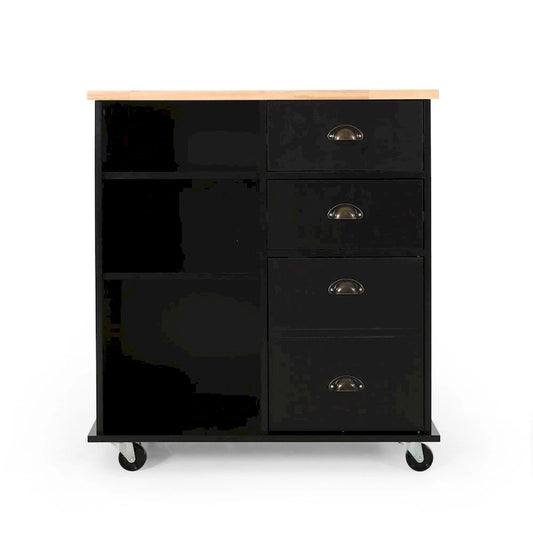 Modern Kitchen Cart with Rubberwood Top, Cabinet Storage, Two Drawers, Three Open Shelves and Lockable Rolling Casters