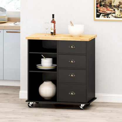 Modern Kitchen Cart with Rubberwood Top, Cabinet Storage, Two Drawers, Three Open Shelves and Lockable Rolling Casters