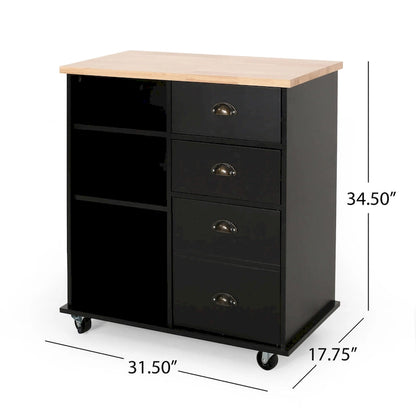 Modern Kitchen Cart with Rubberwood Top, Cabinet Storage, Two Drawers, Three Open Shelves and Lockable Rolling Casters