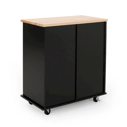 Modern Kitchen Cart with Rubberwood Top, Cabinet Storage, Two Drawers, Three Open Shelves and Lockable Rolling Casters