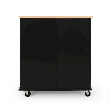 Modern Kitchen Cart with Rubberwood Top, Cabinet Storage, Two Drawers, Three Open Shelves and Lockable Rolling Casters