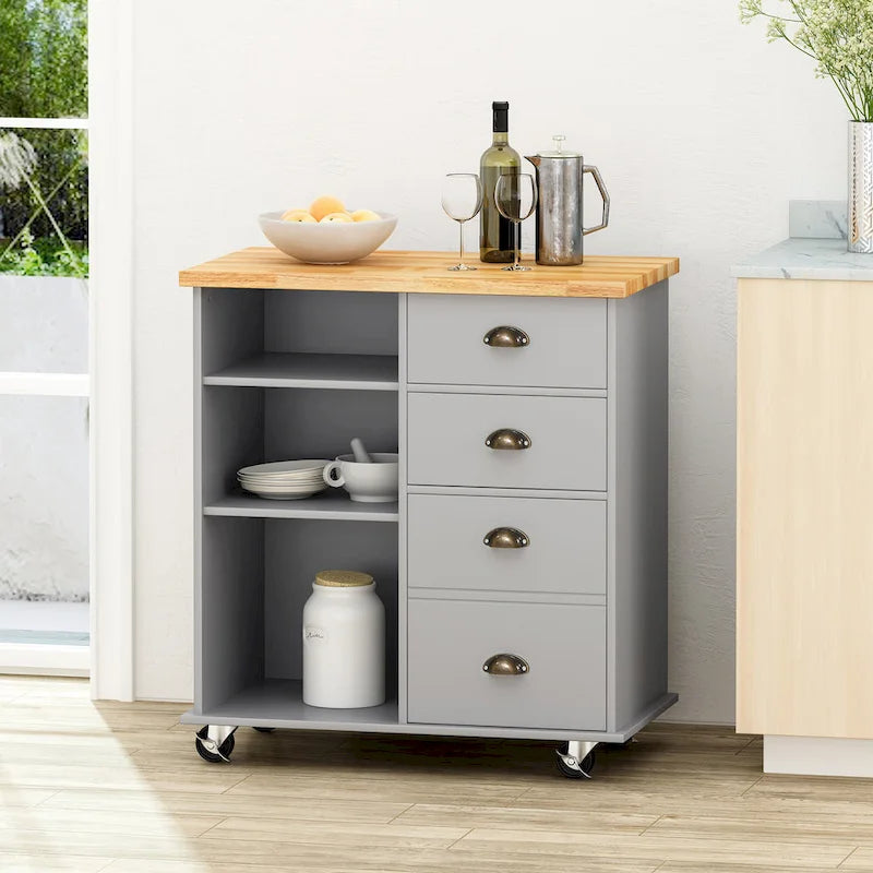 Modern Kitchen Cart with Rubberwood Top, Cabinet Storage, Two Drawers, Three Open Shelves and Lockable Rolling Casters