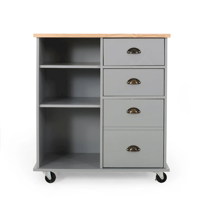 Modern Kitchen Cart with Rubberwood Top, Cabinet Storage, Two Drawers, Three Open Shelves and Lockable Rolling Casters