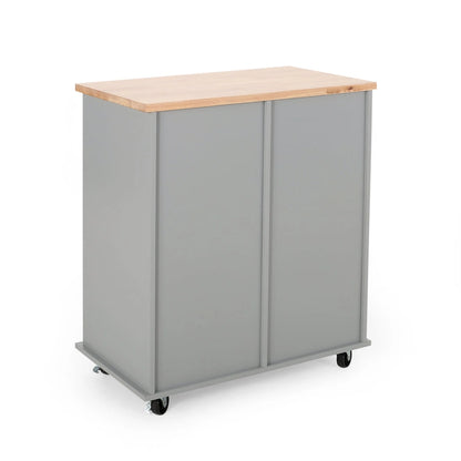 Modern Kitchen Cart with Rubberwood Top, Cabinet Storage, Two Drawers, Three Open Shelves and Lockable Rolling Casters