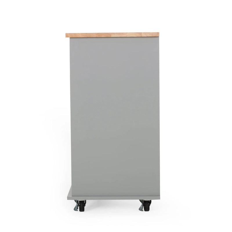 Modern Kitchen Cart with Rubberwood Top, Cabinet Storage, Two Drawers, Three Open Shelves and Lockable Rolling Casters