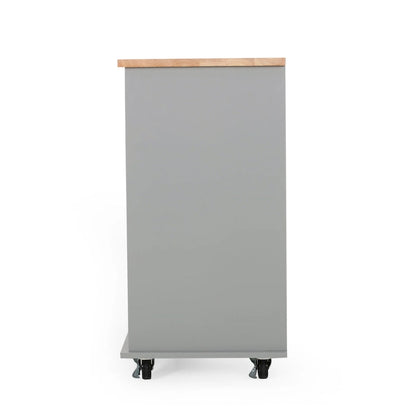 Modern Kitchen Cart with Rubberwood Top, Cabinet Storage, Two Drawers, Three Open Shelves and Lockable Rolling Casters