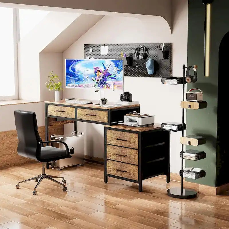 55 Computer Desk with 5 Fabric Drawers,Home Office Desk with Power Outlets  Printer Stand