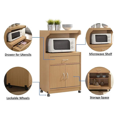 Hodedah HIK72 Microwave Kitchen Cart with Wheels Storage Shelf Cabinet, Gray - 60