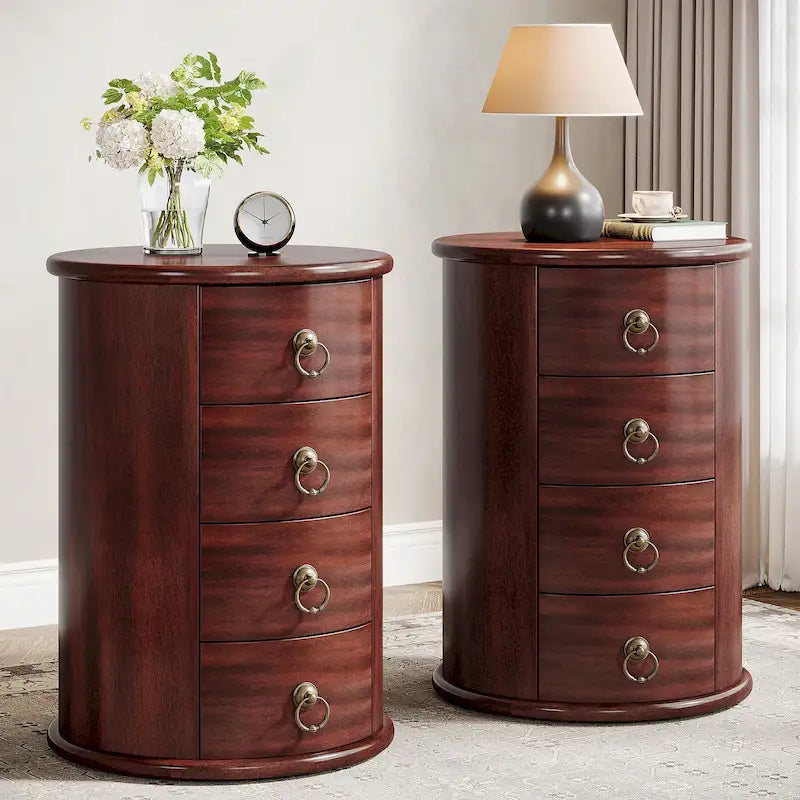 Cherry Brown Nightstand with 4 Drawers - Mid-Century Wood Bedside Table