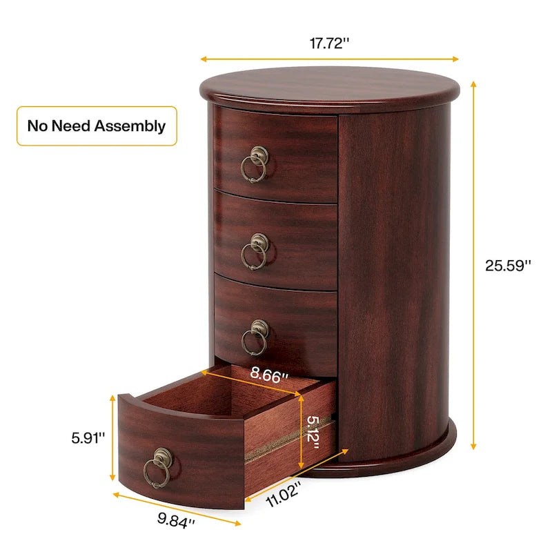 Cherry Brown Nightstand with 4 Drawers - Mid-Century Wood Bedside Table