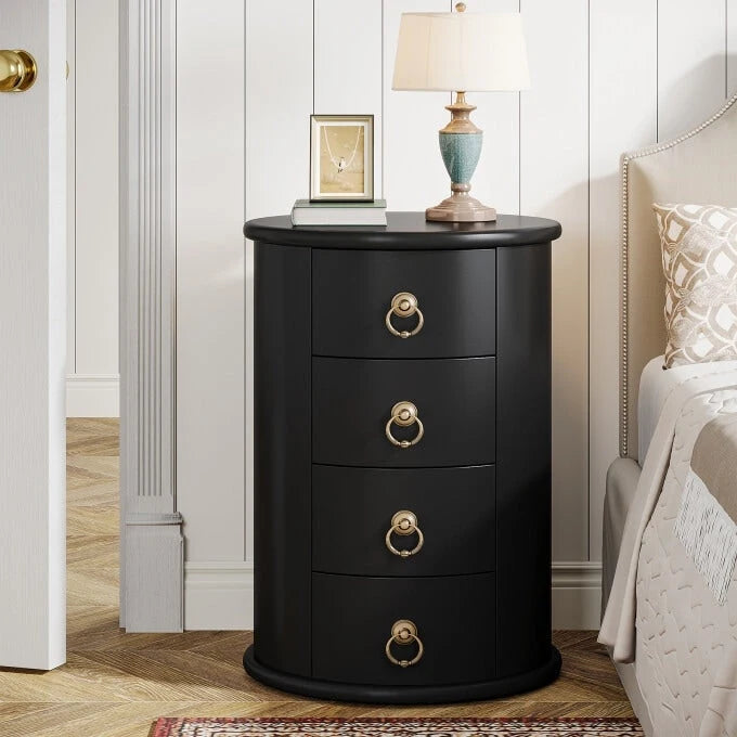 Cherry Brown Nightstand with 4 Drawers - Mid-Century Wood Bedside Table