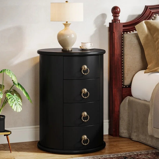 Cherry Brown Nightstand with 4 Drawers - Mid-Century Wood Bedside Table