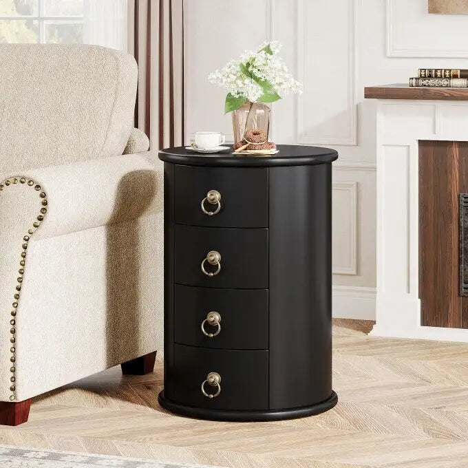 Cherry Brown Nightstand with 4 Drawers - Mid-Century Wood Bedside Table