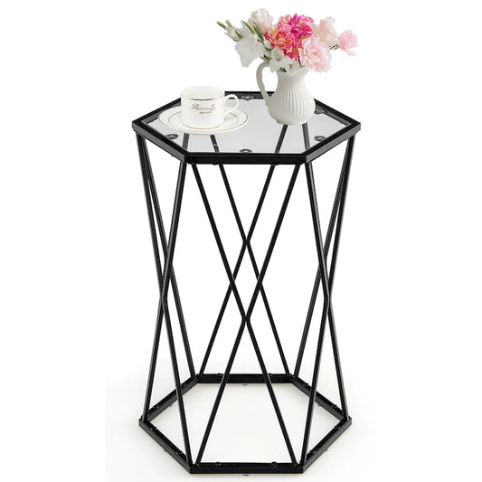Costway End Table Tempered Glass Top Metal Frame Hexagonal Accent Side - 16 x 13.5 x 24 