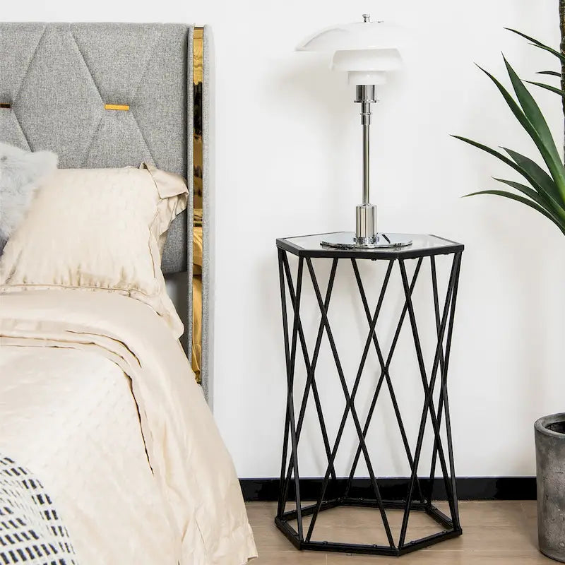 Costway End Table Tempered Glass Top Metal Frame Hexagonal Accent Side - 16 x 13.5 x 24