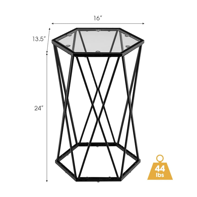 Costway End Table Tempered Glass Top Metal Frame Hexagonal Accent Side - 16 x 13.5 x 24