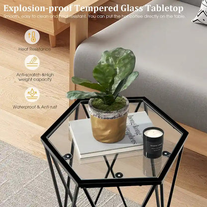 Costway End Table Tempered Glass Top Metal Frame Hexagonal Accent Side - 16 x 13.5 x 24