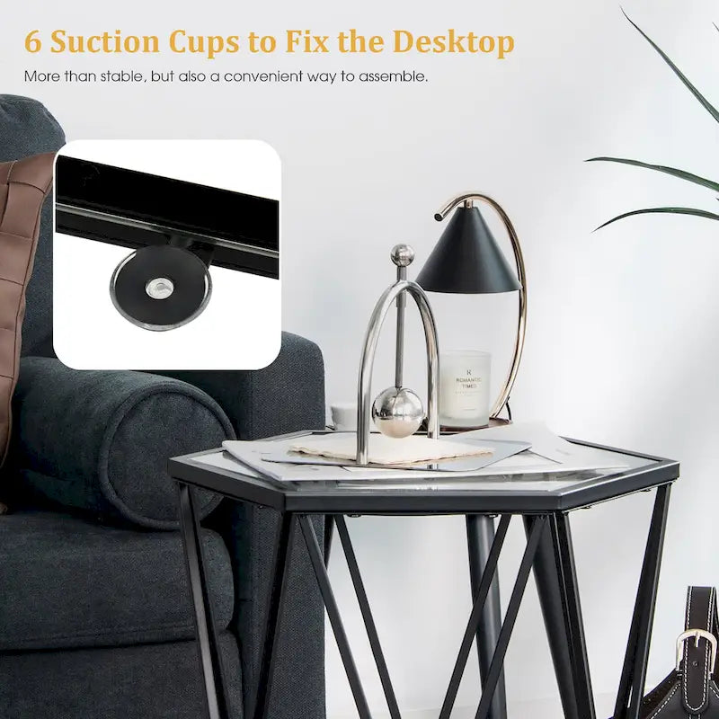 Costway End Table Tempered Glass Top Metal Frame Hexagonal Accent Side - 16 x 13.5 x 24