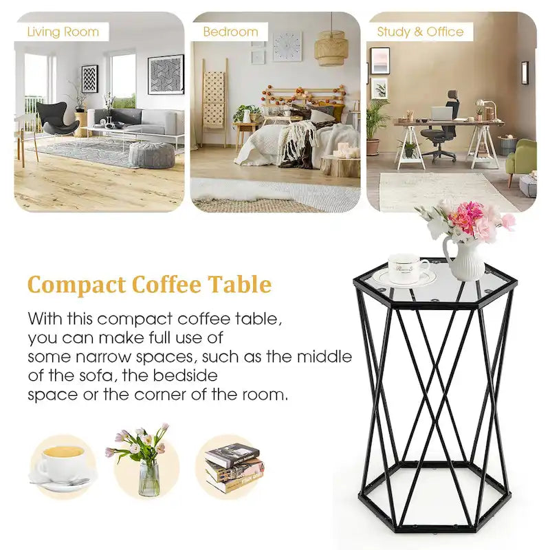 Costway End Table Tempered Glass Top Metal Frame Hexagonal Accent Side - 16 x 13.5 x 24