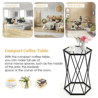 Costway End Table Tempered Glass Top Metal Frame Hexagonal Accent Side - 16 x 13.5 x 24