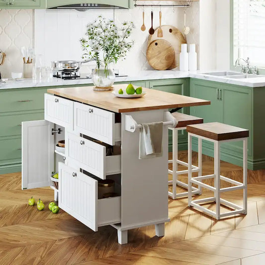 Topmax Farmhouse Kitchen Island Set With Drop Leaf And 2 Seatings