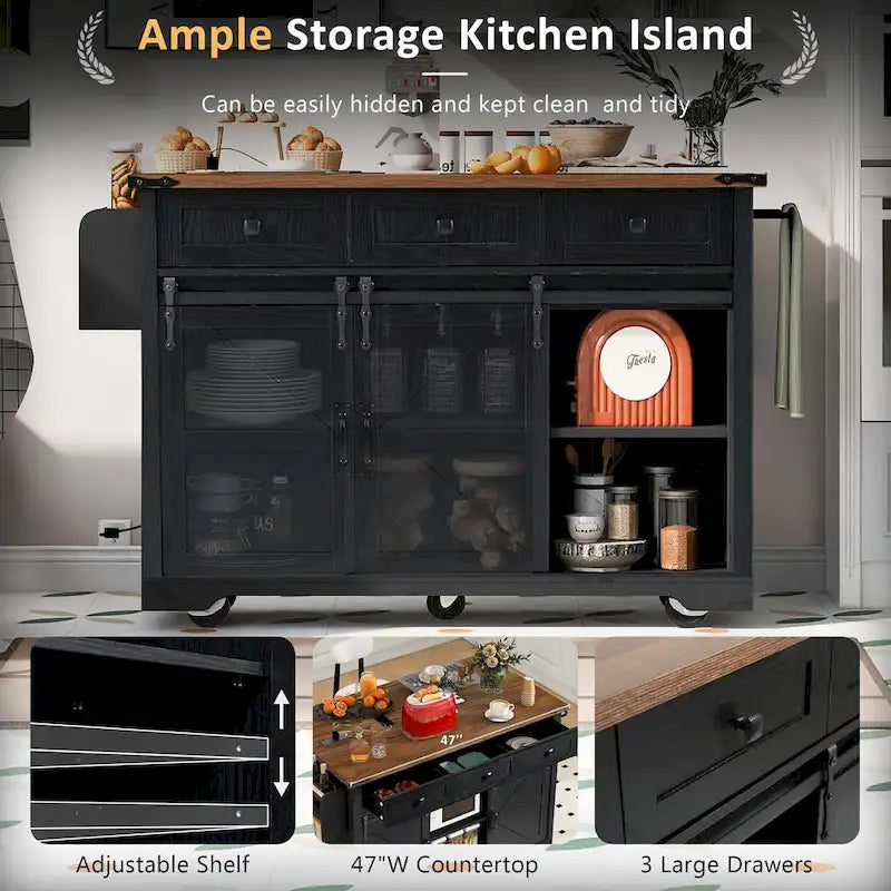 53.7 Farmhouse Kitchen Island With Power Outlet(no include stool)