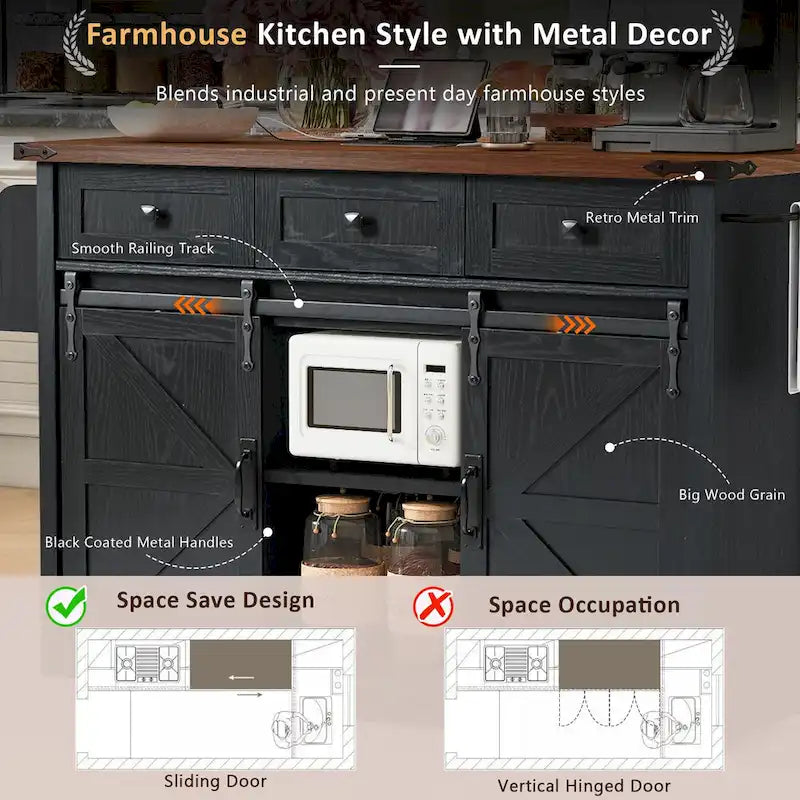 53.7 Farmhouse Kitchen Island With Power Outlet(no include stool)