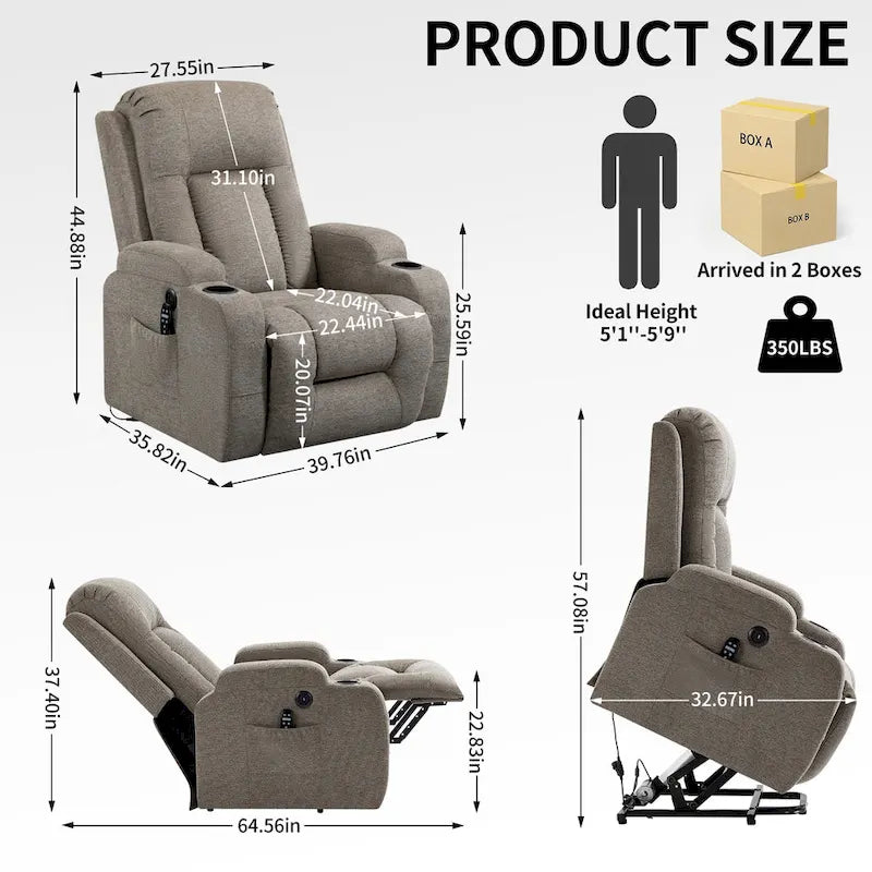 Power Lift Recliner with Massage, Lumbar Heating, USB Charging & Cup Holders, Modern Ergonomic Design