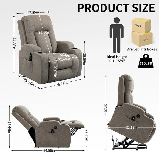 Power Lift Recliner with Massage, Lumbar Heating, USB Charging & Cup Holders, Modern Ergonomic Design