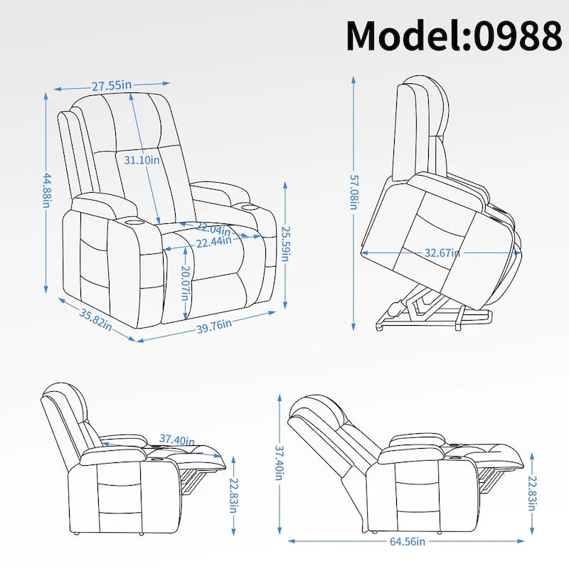 Power Lift Recliner with Massage, Lumbar Heating, USB Charging & Cup Holders, Modern Ergonomic Design