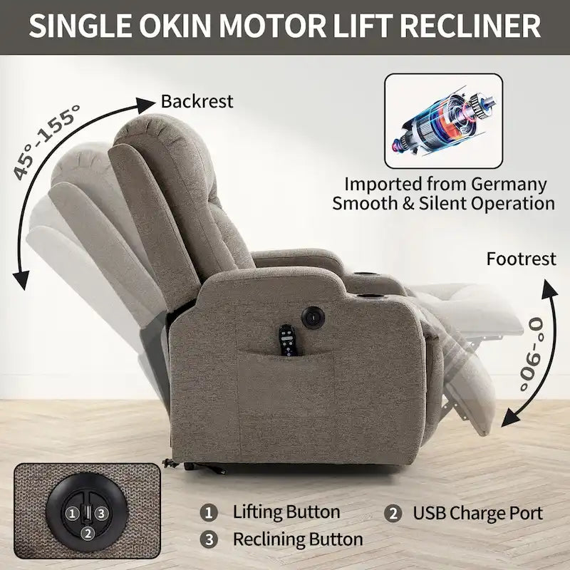 Power Lift Recliner with Massage, Lumbar Heating, USB Charging & Cup Holders, Modern Ergonomic Design