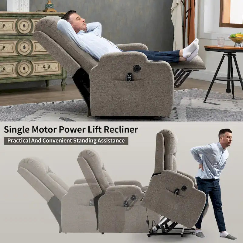 Power Lift Recliner with Massage, Lumbar Heating, USB Charging & Cup Holders, Modern Ergonomic Design