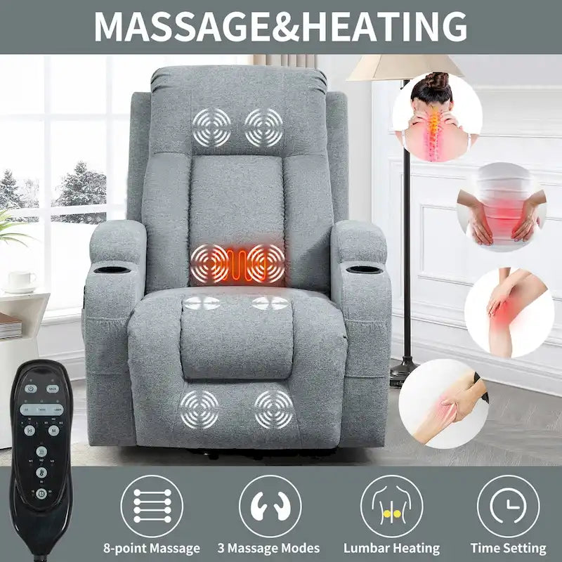 Power Lift Recliner with Massage, Lumbar Heating, USB Charging & Cup Holders, Modern Ergonomic Design