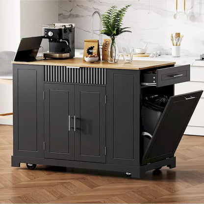 Fluted Kitchen Island with Trash Can Storage Cabinet, Power Outlet, Rolling Kitchen Islands on 5 Wheels with 3 Open Side Racks