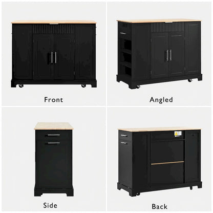 Fluted Kitchen Island with Trash Can Storage Cabinet, Power Outlet, Rolling Kitchen Islands on 5 Wheels with 3 Open Side Racks