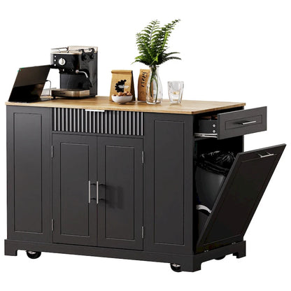 Fluted Kitchen Island with Trash Can Storage Cabinet, Power Outlet, Rolling Kitchen Islands on 5 Wheels with 3 Open Side Racks
