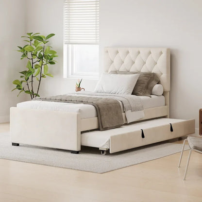Twin Size Upholstered Platform Bed with Trundle and Adjustable Headboard Wingback Bed No Box Spring Needed Wood Slat Support Bed