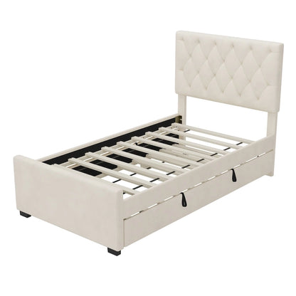 Twin Size Upholstered Platform Bed with Trundle and Adjustable Headboard Wingback Bed No Box Spring Needed Wood Slat Support Bed