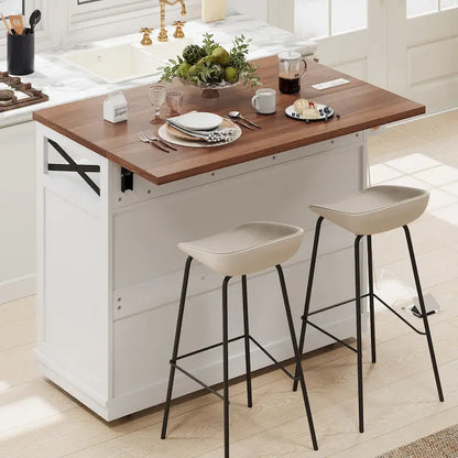46.5 Farmhouse Kitchen Island w/Beaded Drape, Power Outlet, Drop Leaf, 3 Doors & Drawers, Iron Shelf, Wheels for Kitchen/Dining