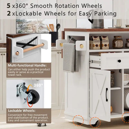 46.5 Farmhouse Kitchen Island w/Beaded Drape, Power Outlet, Drop Leaf, 3 Doors & Drawers, Iron Shelf, Wheels for Kitchen/Dining