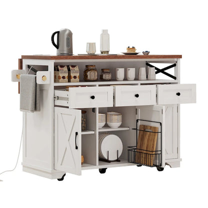 46.5 Farmhouse Kitchen Island w/Beaded Drape, Power Outlet, Drop Leaf, 3 Doors & Drawers, Iron Shelf, Wheels for Kitchen/Dining